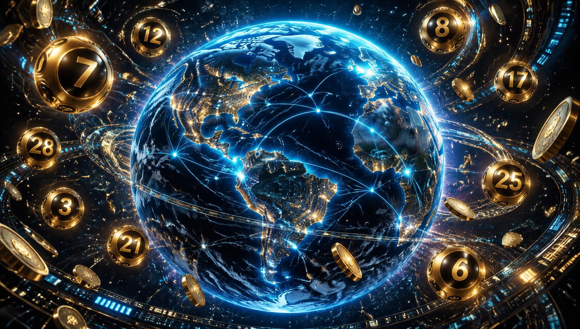 Holographic Earth surrounded by golden lottery numbers and data streams